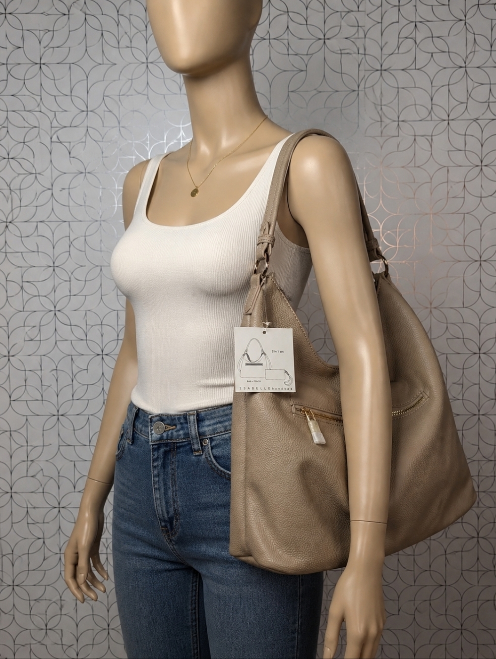Nicole Miller Taupe Leather Shoulder Hobo Bag with Gold Hardware